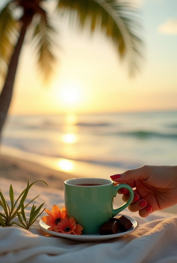 Sunrise beach green colour small coffee mug relax chocolate on plates flowers palm tree lady hand
