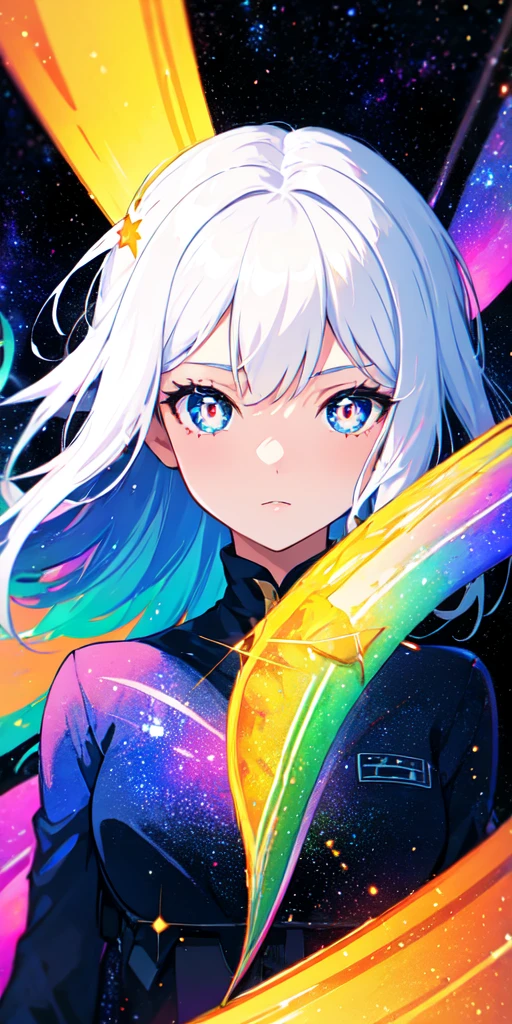 1girl, white hair, symbol-shaped pupils, space goddess, galaxy, light particles, light rays, wallpaper, high contrast, colorful,