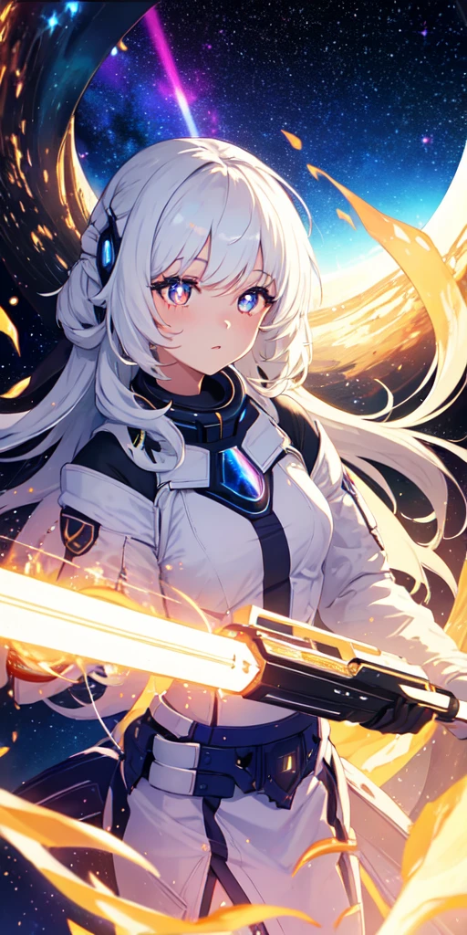 1girl, white hair, symbol-shaped pupils, space goddess, galaxy, light particles, light rays, wallpaper, high contrast, colorful,