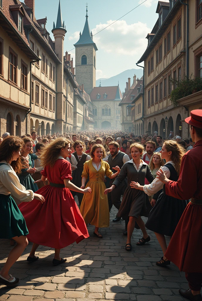 Create an image in that some civilians are dancing crazily uncontrollable in the streets of Strasbourg in 1517