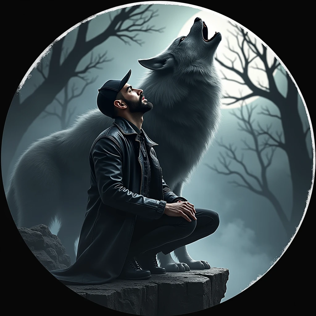 A hyper-realistic 3D-rendered circle logo featuring an Arabic man with a well-groomed beard, dressed in a black leather jacket, black jeans, and a black cap. The man kneels at the edge of a jagged cliff under a dark, starless sky, his head thrown back in a howl. Emerging from his chest is a large black wolf made of smoke, seamlessly blending with the shadows of ancient trees in the background. Thick fog swirls around the scene, and a faint mystical light highlights the intense connection between the man and the wolf. The scene is dramatic, with shadows and ethereal lighting creating a powerful and sleek visual impact. The image is dark and mysterious, with the man's connection to the wolf being the focal point of the image. The wolf is made of smoke and blends seamlessly with the shadows of the trees in the background, adding to the overall mysterious and mystical feel of the image. The man's black clothing and the dark, starless sky add to the dramatic and intense mood of the image.