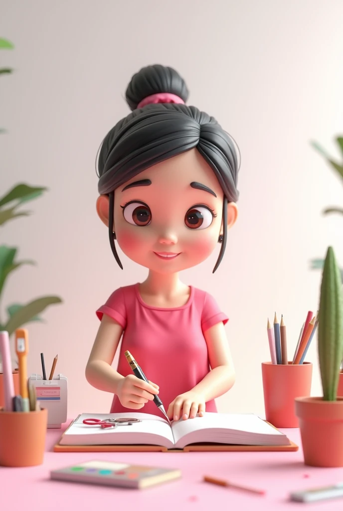 A 3d animation girl who is 17 year old making some crafts theme is dark pink color and wear dress in pink color and white in background a setup of stationery