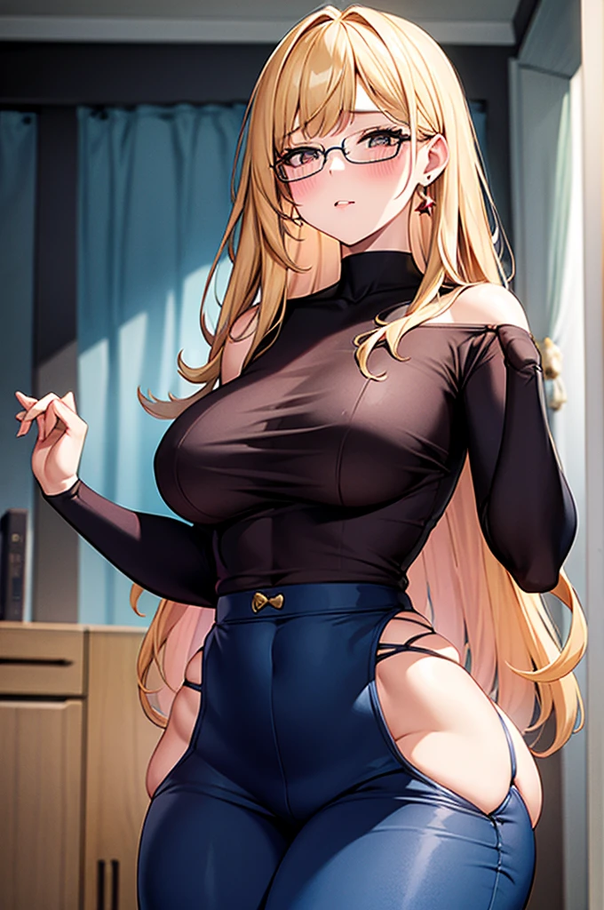 Masterpiece, (Best quality), (High detailed), (Best Anatomy), 1 girl, swarthy skin, beautiful face, full lips, standing, shy expression, blushing, make up, bangs, blonde long hair, wavy hair, pear shaped body, medium boobs, medium ass, wide hips, slim waist, front view, close up, sweater, loose pants, glasses, earrings