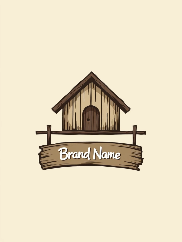 A logo. At the center of the image, there is a rustic 2D house with a sign displaying the brand name. Wordmark. 2D image.
