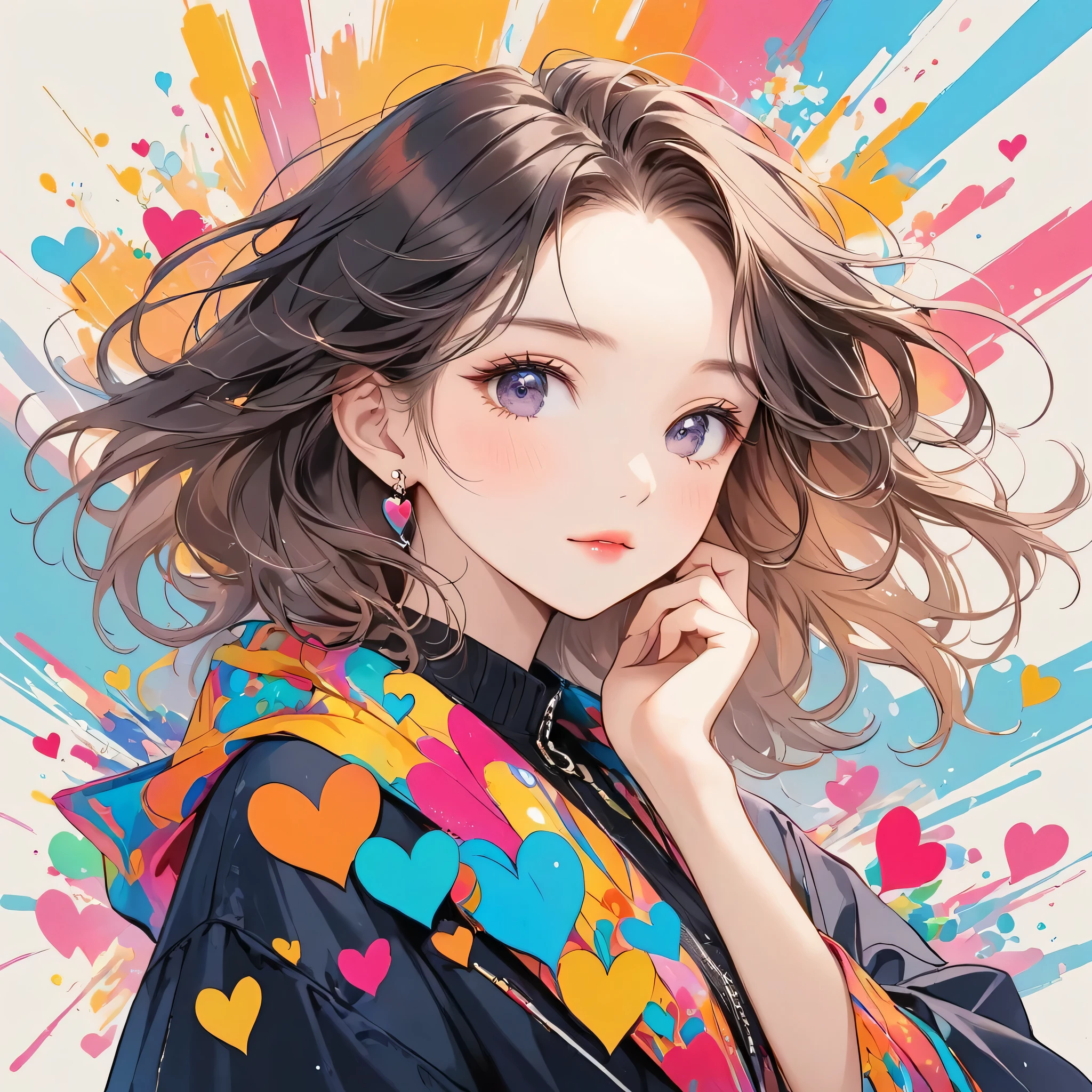 Mai Yoneyama colorful style, Simple Line Initialism，Abstract art，Urban Background, (((The most beautiful girl of all time))), Sweet face. Lips in love, colorful hearts, stylish design, (((黒い瞳)))