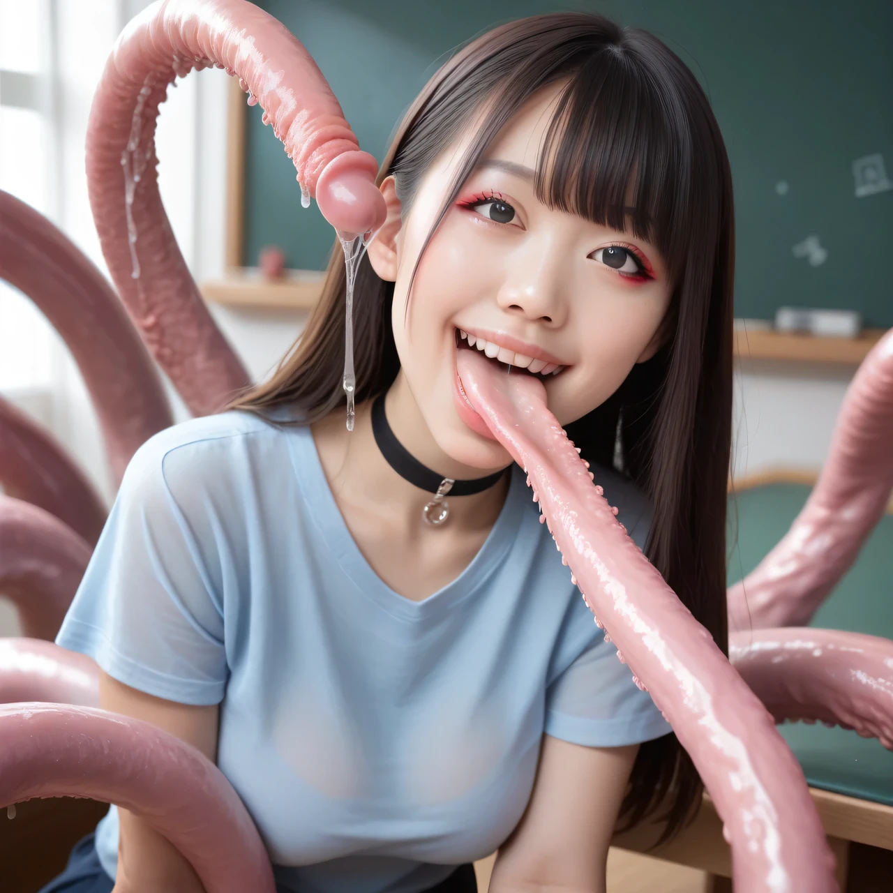 ((Bright and clear lighting)), sf, A detailed close-up image of an Asian woman's fingers transforming into tentacles indoors., Ultra-realistic, Organic Texture, Surreal, Very detailed, real, Pink Skin, Pink Arms, Pink Fingers,  ((Earthworm-like tentacles, Grotesque tentacle shapes)), slime, Mucus, Big Breasts, Slim face, Slim body, bangs, Brown Hair, Straight hair, Natural Makeup, Almond Eye, Black choker, Very long eyelashes, Eyelash extensions, ((Light blue shirt)), Looking at the camera, Wicked Smile, Creepy Laughter, Very long tongue, Sticking out tongue, saliva, The face of Japan idol, ((Bright classroom))