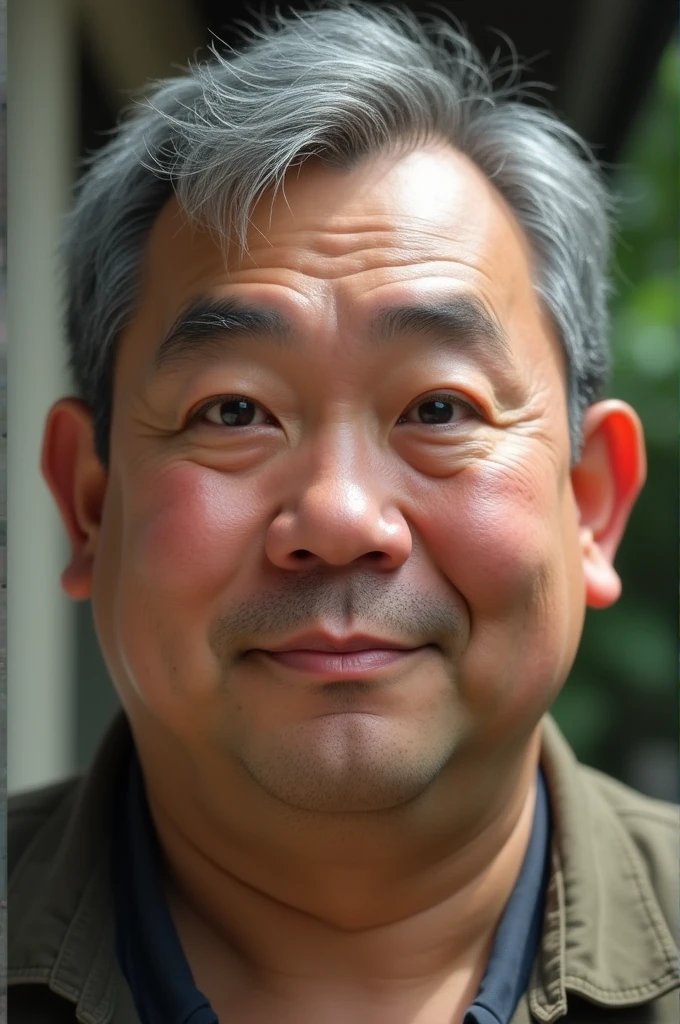 Male.cocasoide asian.. Short wavy little gray hair.chubby cheeks.small jaweline joined thick eye brows.little bit round face.large eyes.middle aged.normal ears and mouth.caucasoid race. Brownish black in complexion 