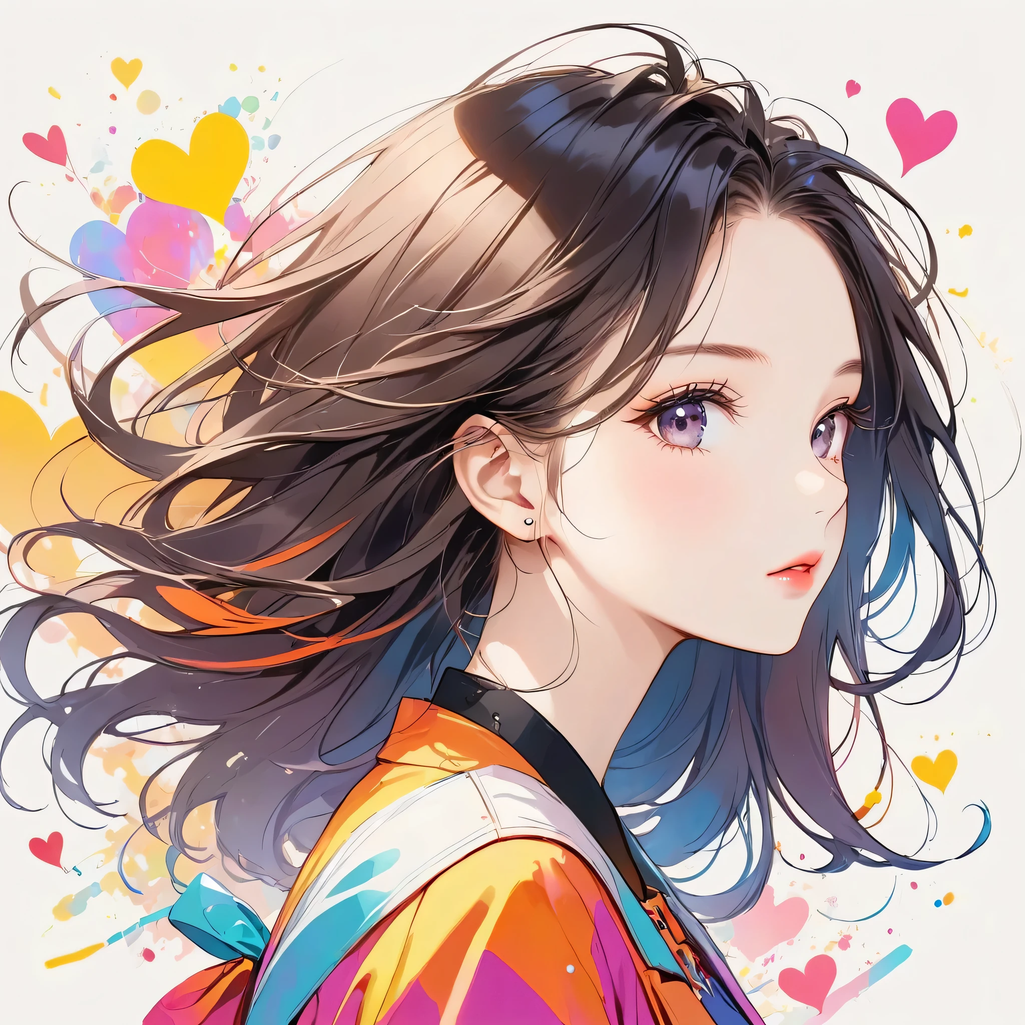 Mai Yoneyama colorful style, Simple Line Initialism,Abstract art,Urban Background, (((The most beautiful girl of all time))), Sweet face. Lips in love, colorful hearts, stylish design, (((黒い瞳)))