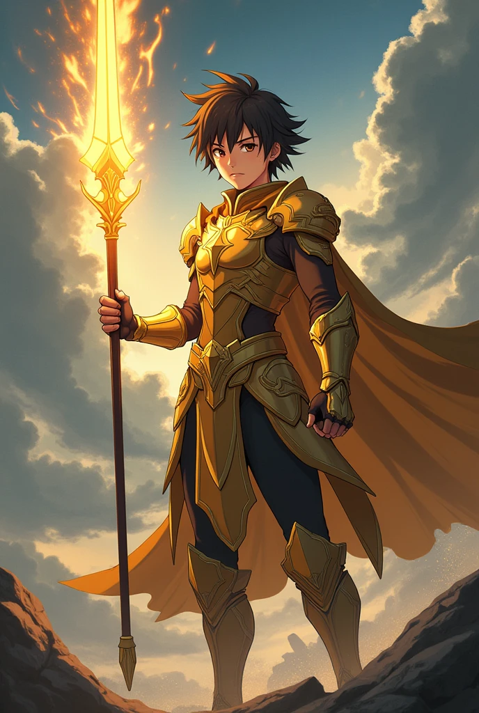 A young anime character with sharp eyes, wearing golden armor and carrying a spear of light