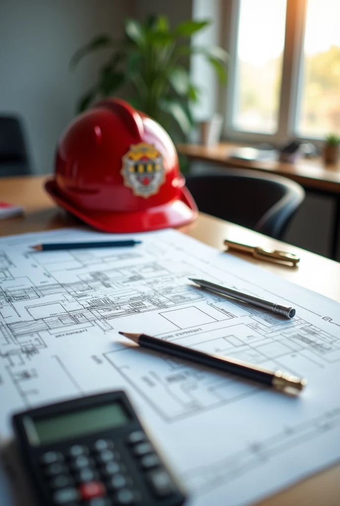 large desk table, an open engineering project on the table, on the table you can see a pencil, a pen, a compass, a calculator, and a ruler, the background is an engineering office, clear, clean and organized, sunlight coming through the window. Featured on the table is a Gallet helmet from the fire department.
