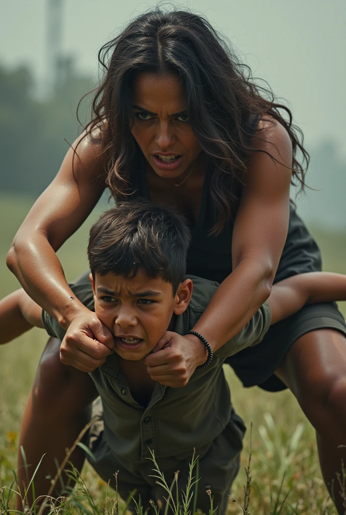 Woman pins Boy to ground