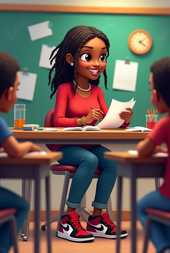 African-American teacher with Locs, brown skin brown eyes, with loc, with professional clothes red top on with read and black Jordans and sitting at a desk cartoon