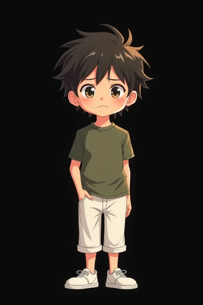 Black background,a cartoon anime boy,slim boy,wearing white pant,olive shirt,white shoe,not so sad face,unruly hair,small eyes,hand on pant pocket