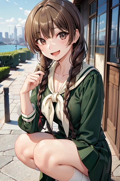 Yuno Shimazu、Shiny brown hair,Long Hair,  、((2 braids:1.5、Hair that falls over the shoulders)),Beautiful brown eyes、Sparkling eyes, Fine grain、smile、Ultra-detailed eyes、Highly detailed face, Highly detailed eyes,Cowboy Shot、

 


View your viewers,alone, High female high school student, Gravure Model, (Large Breasts:0.8, Big Ass, Captivating thighs, Skin Dentition),
Beautiful clavicle, Beautiful body, Beautiful breasts, Beautiful thighs, Beautiful feet, Beautiful fingers, 
(Detailed cloth texture, ( school uniform, Sailor collar, neckerchief, Green Shirt, Sailor shirt, Long sleeve, Green Skirt, Long skirt, ), Black socks, White panties, 
(Beautiful views), morning, (Outdoor, distant cityscape), squat, (魅惑的なsmile, upper eye, Small with open mouth), 