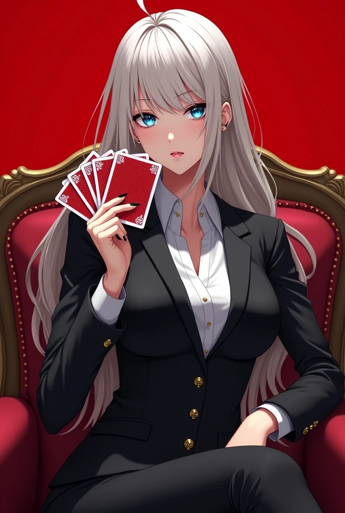 A Anime mafia woman full body with long platinum hair and beautiful blue eyes. wearing a black and white suit with gold acessories. she is holding card with red heart deck of cards while sitting in a luxury chair. Plain Red background