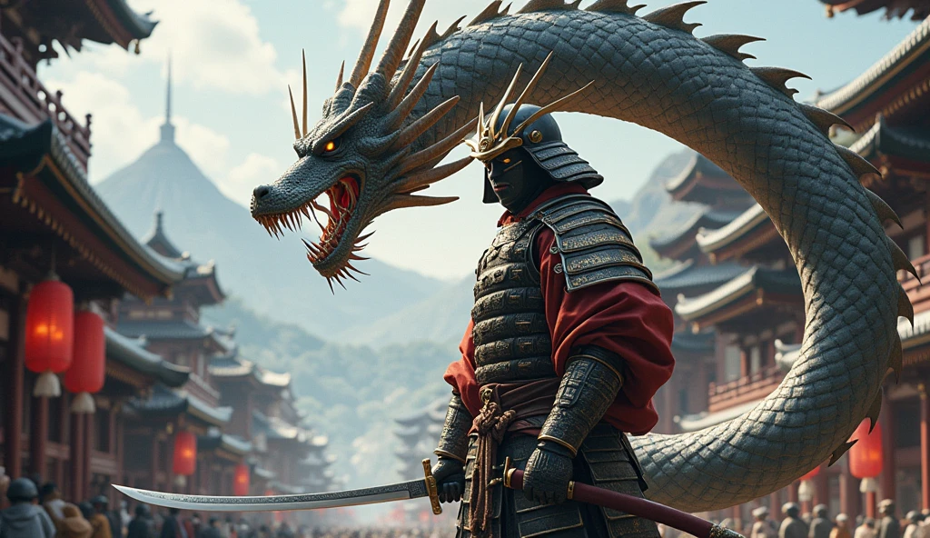 realisitic, 4K, samurai with a dragon, background an old Japanese city, very detailled