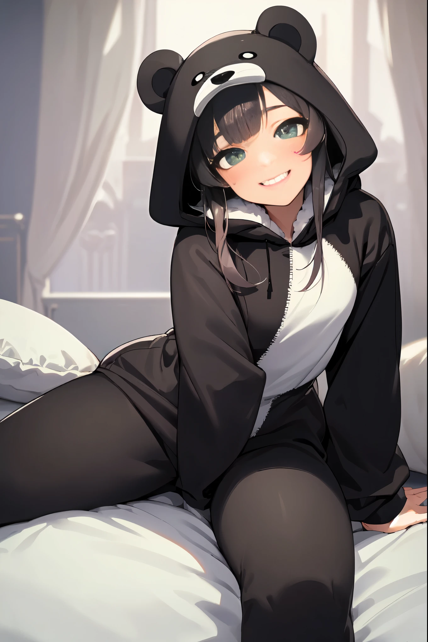 beautiful, (masterpiece), Highest quality, (extremely detailed face), extremely detailed eyes,  Perfect lighting, 全体detailed, detailed, Deep Skin,Textured skin,
,bear costume ,black bear costume, Long sleeve, Wear a hood,,mallow , Long Hair, Green Eyes, Big smile,On the bed ,sit between the pillows,
,