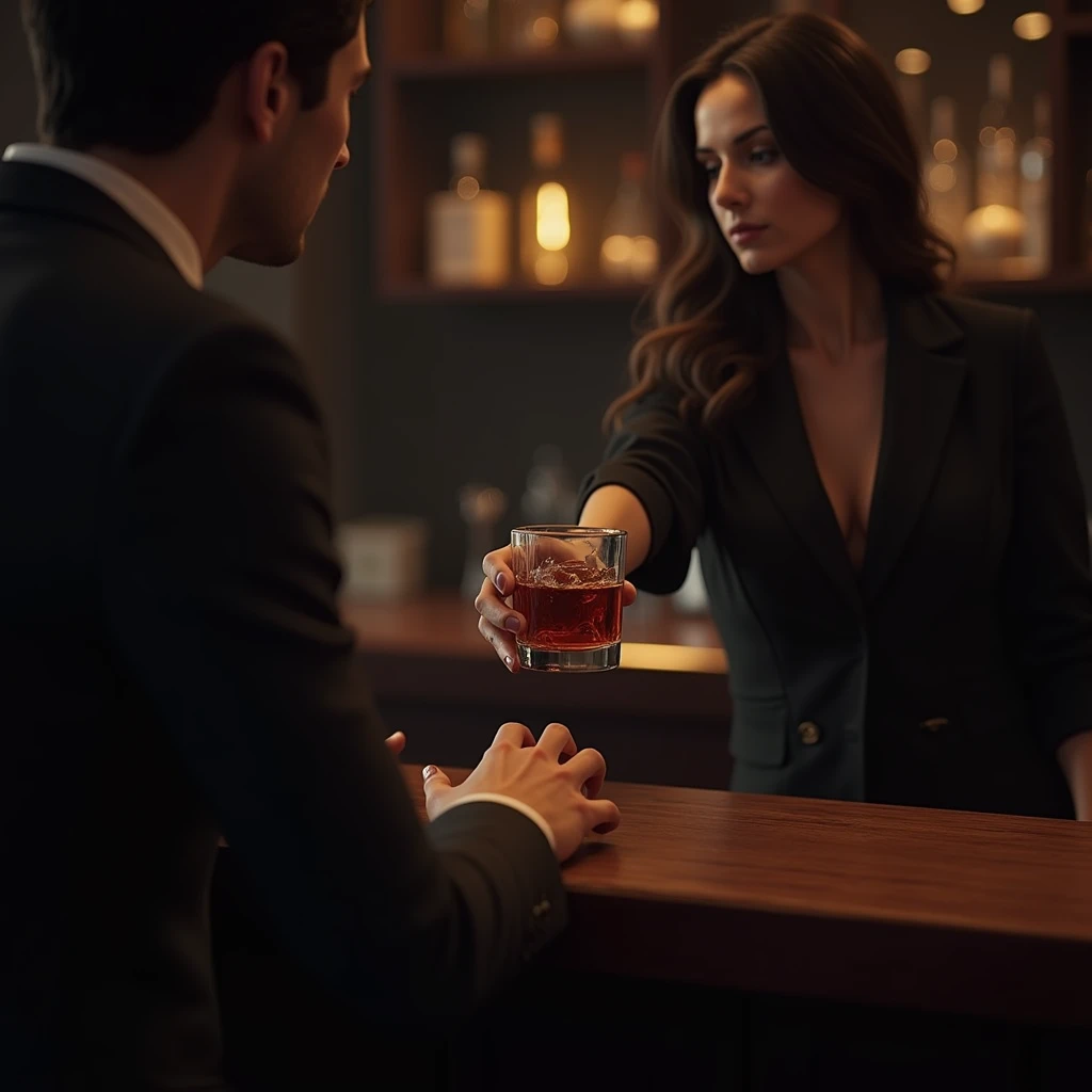 Bar counter, man's hand in a suit sitting, female bartender's hand handing over a rock glass, female bartender's bare arm