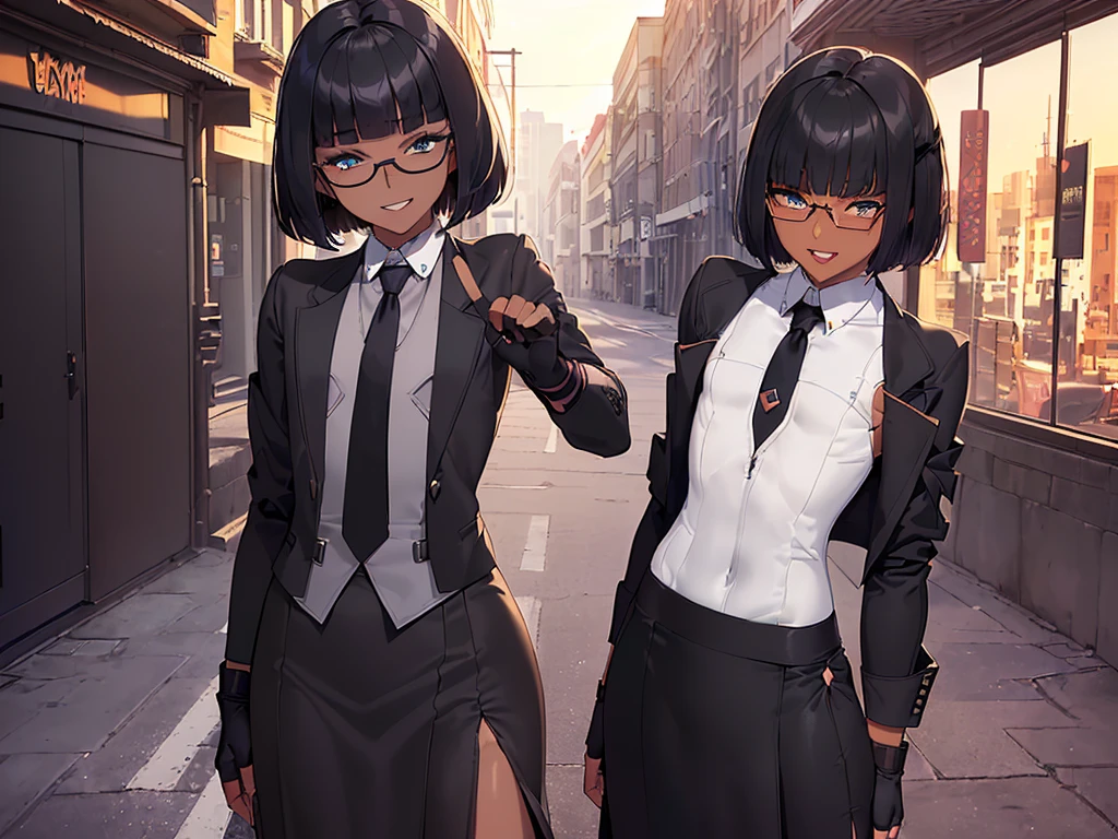 (masterpiece:1.2), highest quality, High resolution, unity 8k wallpaper, (fine and beautiful eyes:1.6), highly detailed face, perfect lighting, Detailed CG, (perfect hands, perfect anatomy:1.3), (1 femmale:1.4), (20 years old femmale:1.4),( black hair:1.3), extremely beautiful detailfeminine face and eyes, (evil smile:1.3), detailed eyes, best quality,( dark skin:1.8), extremely detailed, very precise detailed,(glasses:1.3), (blunt bangs:1.3), open mouth, (very short hair:1.4),(fingerless gloves:1.5), (half closed eyes:1.5),(business suit:1.6),boots,(flat chest:1.7),open stance standing,(long skirt:1.6),(long skirt in slit:1.6),(spread_legs:1.4), ,necktie, (long sleeves jacket:1.4)