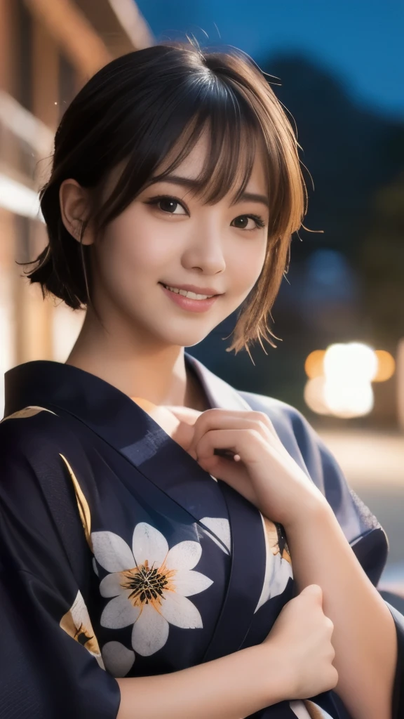 8k,Highest quality,(masterpiece:1.2),(Realistic),(Realistic:1.37),Ultra-high resolution,1 female college student,Fireworks display,night,smile,Beautiful Eyes,(((Cute Yukata))),Perfect body,Perfect Fingers,Professional Lighting,gravure,Detailed face and skin texture,fine grain,RAW Photos