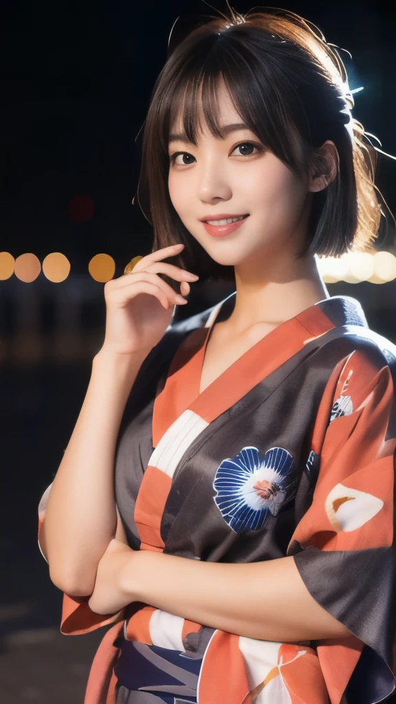 8k,Highest quality,(masterpiece:1.2),(Realistic),(Realistic:1.37),Ultra-high resolution,1 female college student,Fireworks display,night,smile,Beautiful Eyes,(((Cute Yukata))),Perfect body,Perfect Fingers,Professional Lighting,gravure,Detailed face and skin texture,fine grain,RAW Photos