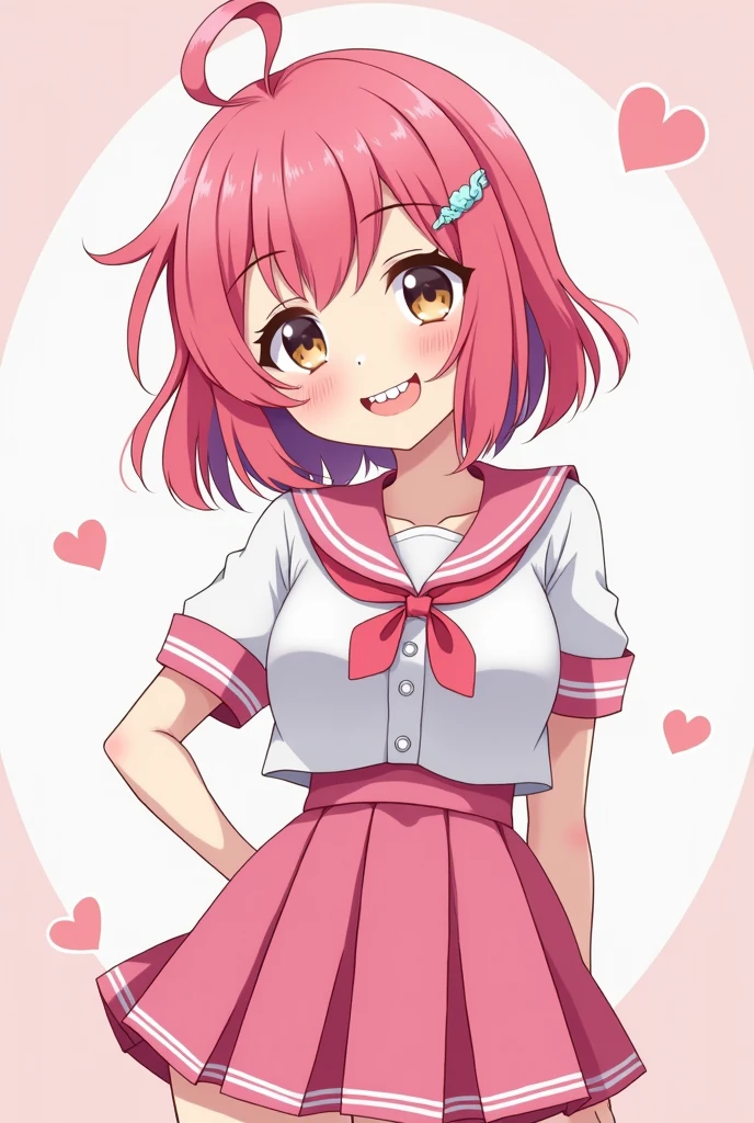 Slightly down-turned eyes、Pink and white school uniform、Pink lady hair、Large chest、Double teeth 、Stylish、cute