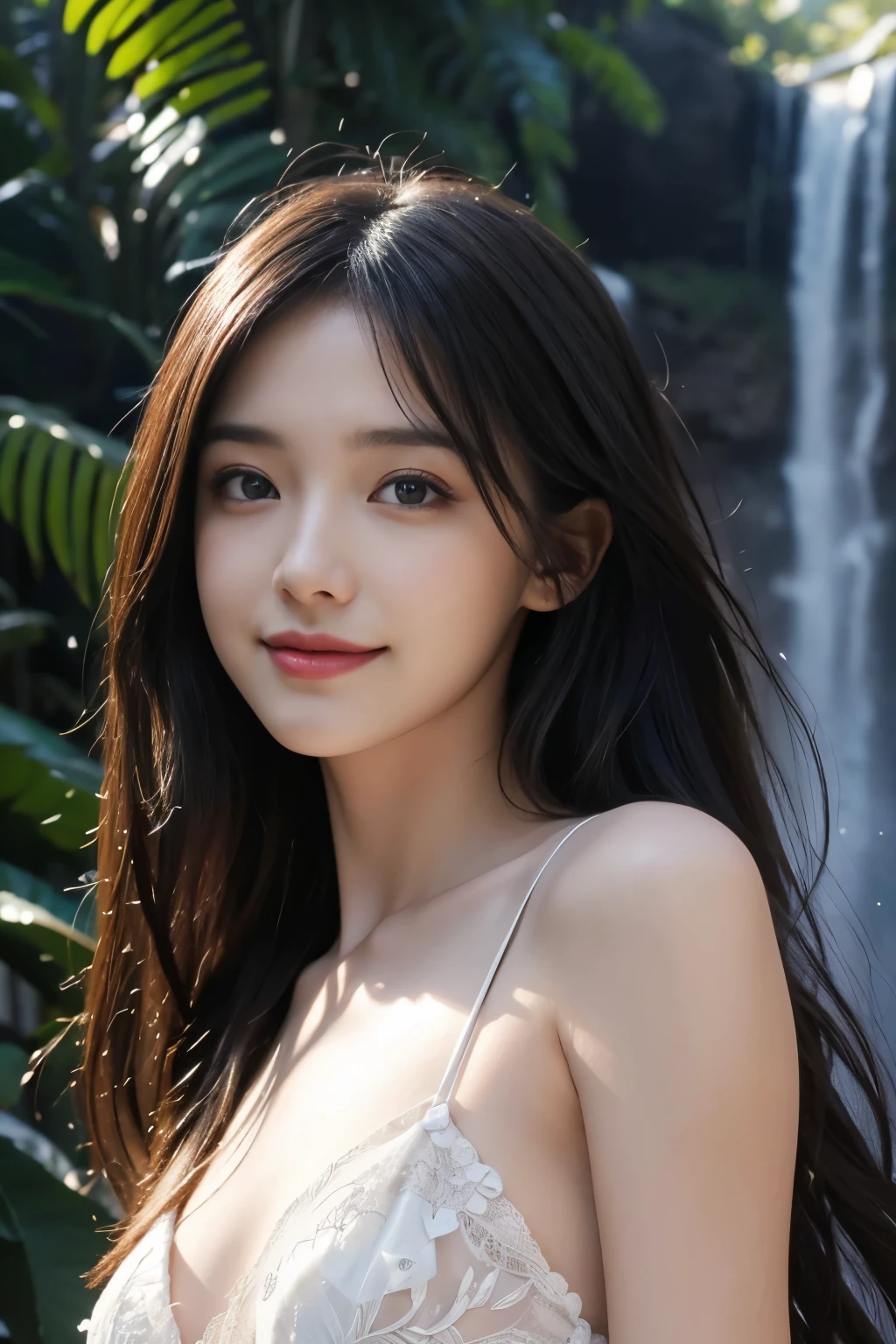 (ultra realistic) , (illustration), (increase resolution), (8K), (extremely detailed), (best illustration), (beautiful detailed eyes), (best quality), (ultra-detailed), (masterpiece), (wallpaper), (detailed face), 1 girl, black straight hair, slender body, delicate details, in the dark, deep shadow, low key, pureerosfaceace_v1, happy smile, summer dress, waterfall, rainforest