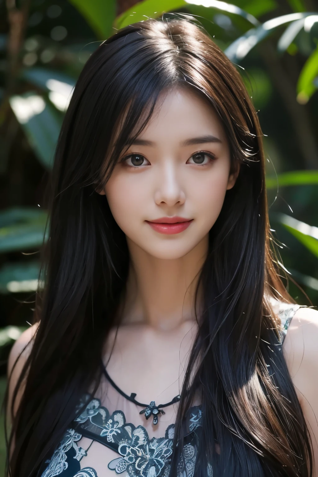 (ultra realistic) , (illustration), (increase resolution), (8K), (extremely detailed), (best illustration), (beautiful detailed eyes), (best quality), (ultra-detailed), (masterpiece), (wallpaper), (detailed face), 1 girl, black straight hair, slender body, delicate details, in the dark, deep shadow, low key, pureerosfaceace_v1, happy smile, summer dress, waterfall, rainforest