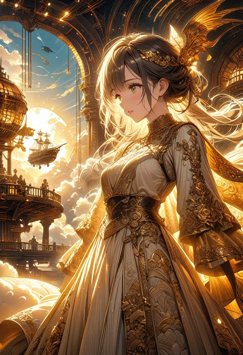 beautifully rendered ivory and gold airship gracefully floating amidst the clouds.. the airship has an ivory body with intricate details accented in gold..。. The craftsmanship is of the highest quality, exquisite carvings and intricate patterns. the clouds surrounding the airship are dreamlike, A fantastic atmosphere.. The sunlight filters through the clouds, casting a golden glow in the air. the scene is captured in digital illustration., combining the artistic touch of photorealism and concept art. The colors are vibrant and vivid, a warm color palette of gold and ivory. The lighting is soft、and、It's dramatic., highlighting the airship's elegance and grandeur. the overall image quality is excellent, Ultra-detailed elements and high-resolution rendering. Every detail, personal々from the clouds to the smallest golden embellishments, perfectly expressed. This prompt is、of an ivory and gold airship floating in the clouds、to create a visually stunning and awe-inspiring image、meticulously designed。.。.