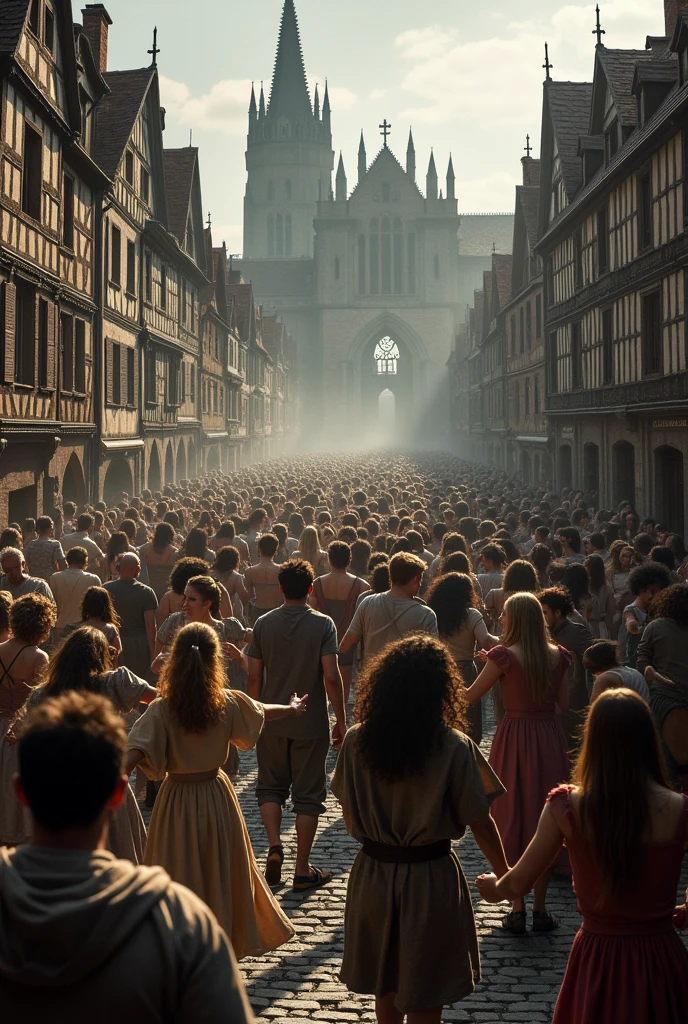 Create an image in that some people are dancing crazily uncontrollable in the streets of Strasbourg in 1517