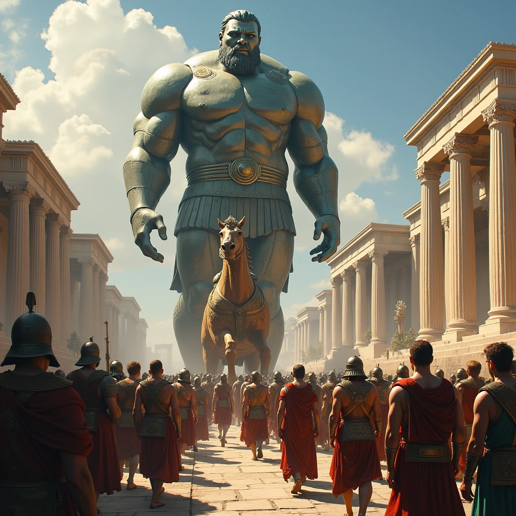 A scene from a fictional epic inspired by Greek and Roman history and mythology、The bronze giant, said to span the Strait of Gibraltar, returns victorious, leading the spoils of war, the Trojan Horse.、The populace and soldiers are awestruck by its sheer size、Draw in detail、(Highest quality, masterpiece, High resolution)、8k、wallpaper、