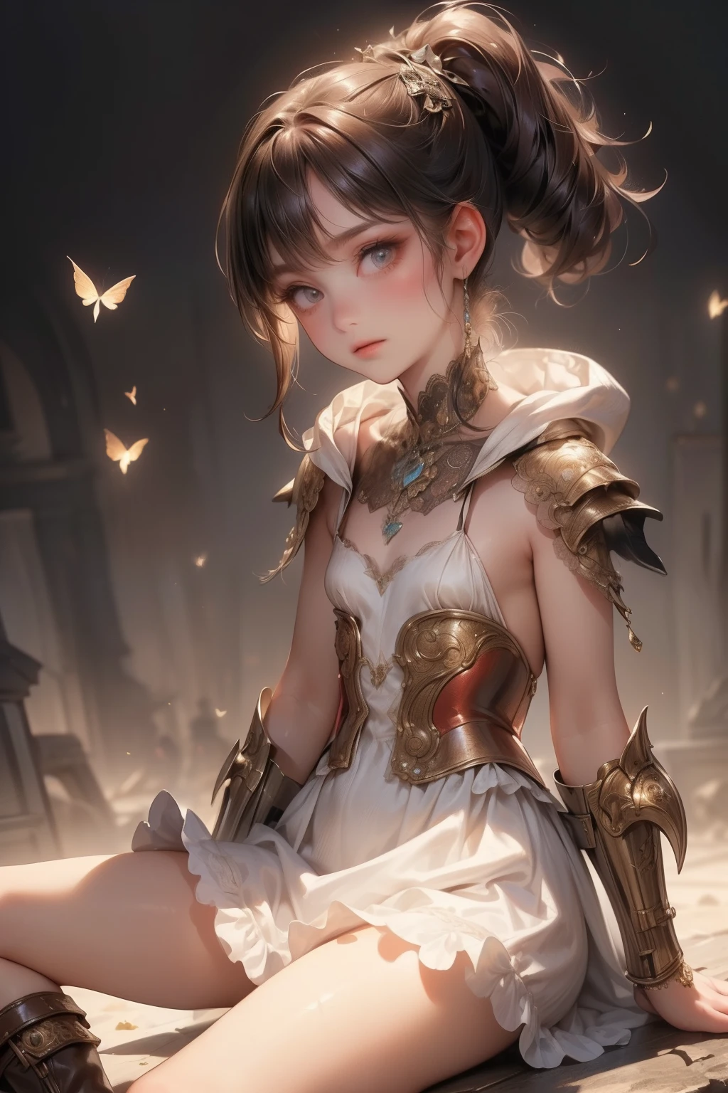 (((masterpiece, of the highest quality, super detailed))), (a female knight of an occult order), Edwardian/Victorian era inspired, ((minimal but intricate beautiful armour)), ((Fluttering lace flared dress with frilly petticoats)), ((((Highly detailed face))), ((ponytail, thick ponytail, heavy ponytail)), (((Very sharp focused eyes))), very long eyelashes, (resolved expression), (resolute expression), small breasts, (((flat chest:1.1))), occult aesthetic, (red and white clothing detailed and intricate steampunk and detailed gothic), (with a hood), thigh high flared socks, complex lace boots