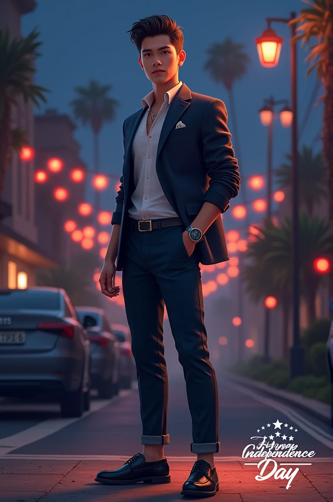 Create an image on Independence Day in which a 20 year old guy standing with the classy jacket and shoes pants with some accessories watches with hairstyle and in the lower area of the image right happy Independence Day from night Gamers and give us logo