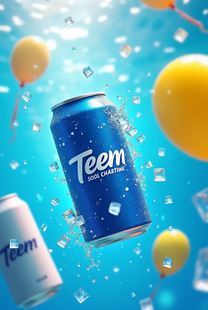 Drink can design can colour blue and white and can name teem and can colour in under tha water can background water and balloon and ice cubes and 2 can number 2 can colour white and yellow can  