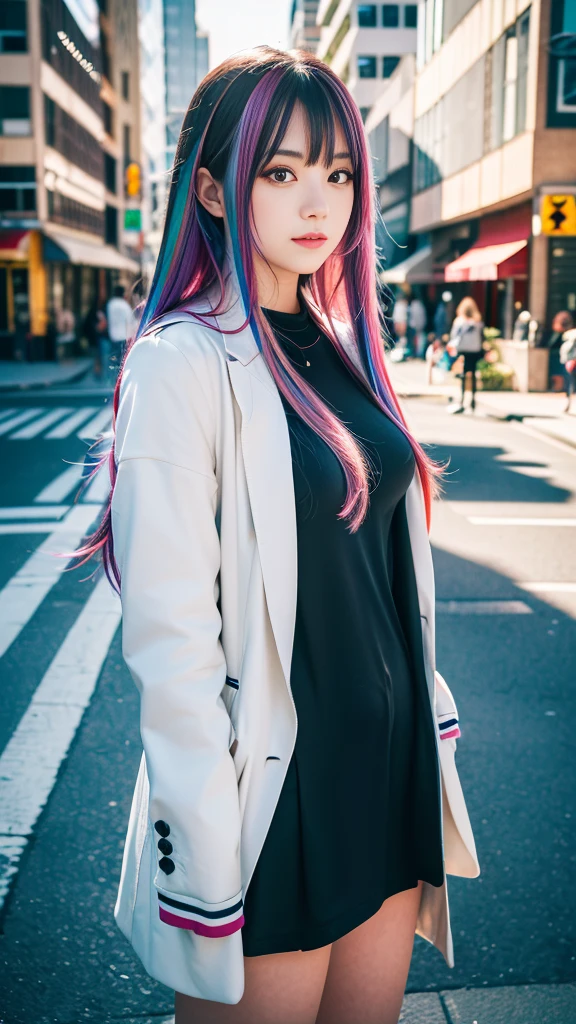 A beautiful, sexy 18-year-old girl with long rainbow hair blowing in the wind, cute and seductive eyes peeking through her bangs, (best quality,4k,8k,highres,masterpiece:1.2),ultra-detailed,(realistic,photorealistic,photo-realistic:1.37),beautiful detailed eyes, beautiful detailed lips, extremely detailed eyes and face, long eyelashes, portrait, photography, vivid colors, natural lighting, dynamic pose, (standing alone on city street:1.5)