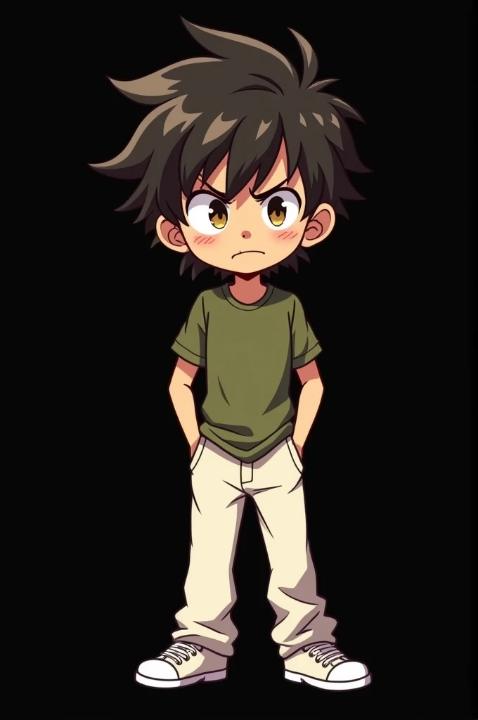 Black background,a cartoon anime boy,slim boy,wearing white pant,olive shirt,white shoe,not so sad face,unruly hair,small eyes,hand on pant pocket,angry eyes,full pant