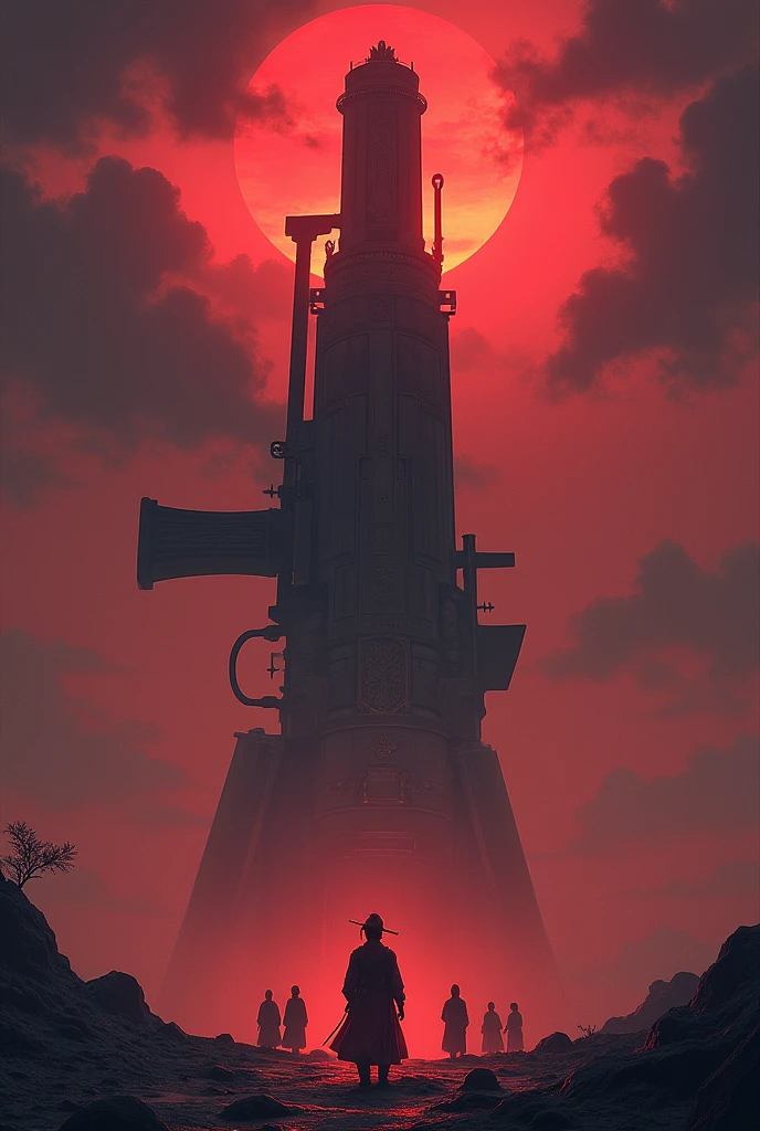 Giant weapons, topsy-turvy ancient Yue Fei's gun, very small people looking up at the huge Yue family gun, bloody twilight, the remnants of the sun like blood, dark clouds, the