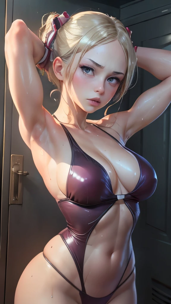 長くて淡い色の髪，ダブルツインテール、(sweaty skin)、 (Highest quality, 8k, 32K, masterpiece, Ultra-high resolution:1.2)、blush、(Sweat:1.10)、((blush)),(((Shining Light))),accurate to the human body、Correct five-finger、Highly detailed face and skin texture, Natural neck length, (Beautiful Hands), Beautiful feet, (glossy lip gloss:1.3、Long eyelashes、Gloss Face) 、(((A seductive look of sweet seduction))),jewelry, View your audience, bracelet, (Oily skin、Glowing Skin、Realistic skin texture、Beautiful skin in every detail、Glowing Skin),latex、((((Annoyed))))、(((swimsuit)))、((((upper body)))),(looking at viewer)、(arms behind),((((arm pit)))),(((arms up))),((((oily body)))),((((sweat))))、shiny(((bad mood))),(steam),armspit focus,locker room