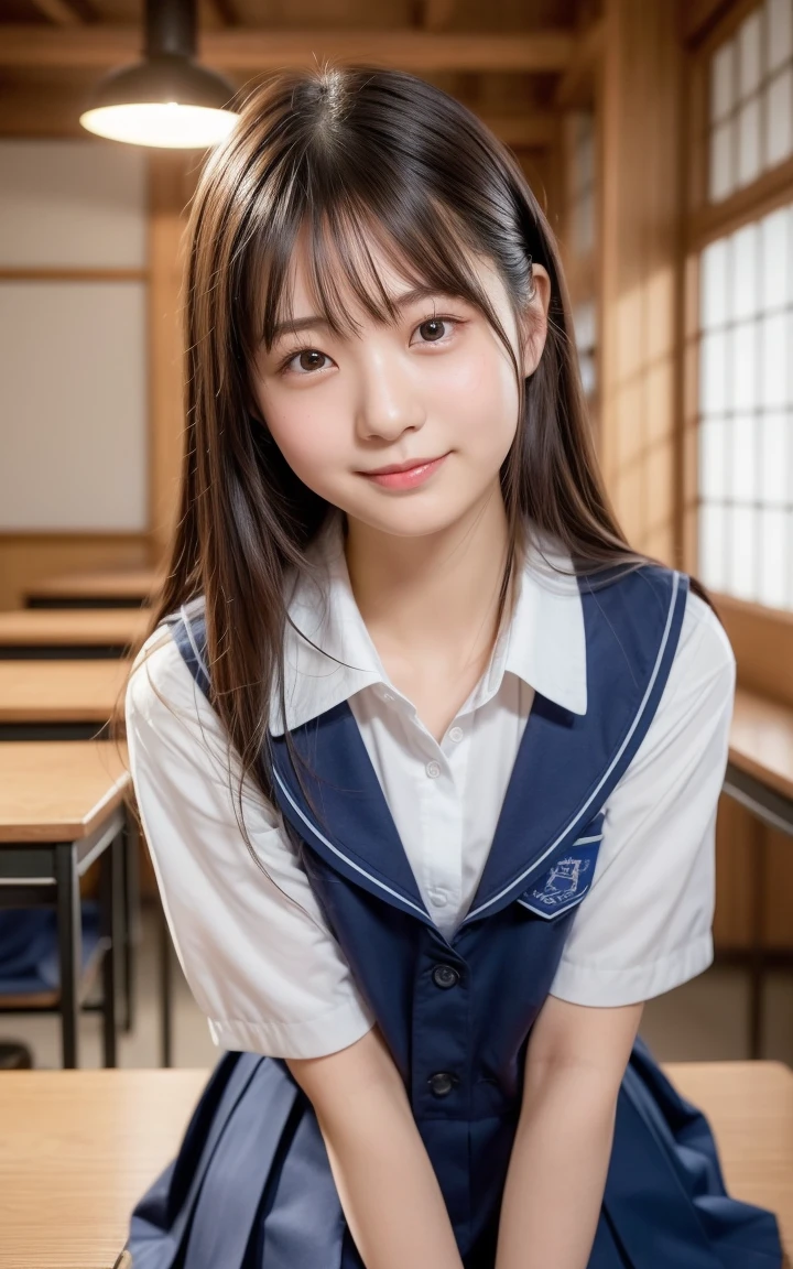(8k、Live Action、RAW Photos、Highest quality、masterpiece:1.2),(classroom、indoor,Front lighting:1.2),((Perfect lighting)),(濡れたhair),Observe the audience,Sexy pose, A shy smile,18-year-old,student,White skin,knees,Small face,前hairを真ん中から分けます、The forehead is visible,skinny,skinny)、masterpiece,Highest quality、Ultra-high resolution,One person, One personで,cute、studentに戻る,(Japanese School Uniform:1.3),high school girl,Japanese women,(フォトGenuine:1.37)、Photon Mapping,Genuineistic、cuteSmall face,Brown eyes、prospect、Written boundary depth、Blurred Background、Genuine,(前hairが見える), hair, kneesが見える, thigh,(Nogizaka Idol), actress、Big and ample breasts、Cleavage、Super Fine、Low people々、(Skin with visible pores:1.2)、(Focus on the face)、Natural Neck、Check and fix the skeleton