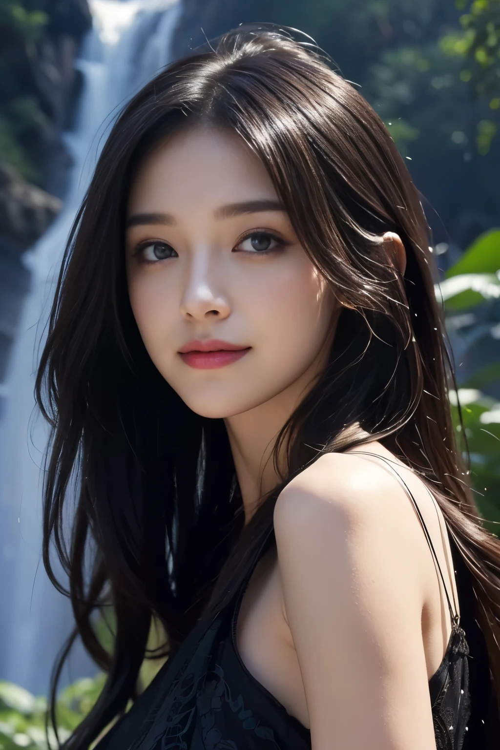 (ultra realistic) , (illustration), (increase resolution), (8K), (extremely detailed), (best illustration), (beautiful detailed eyes), (best quality), (ultra-detailed), (masterpiece), (wallpaper), (detailed face), 1 girl, black straight hair, slender body, delicate details, in the dark, deep shadow, low key, pureerosfaceace_v1, happy smile, summer dress, waterfall, rainforest