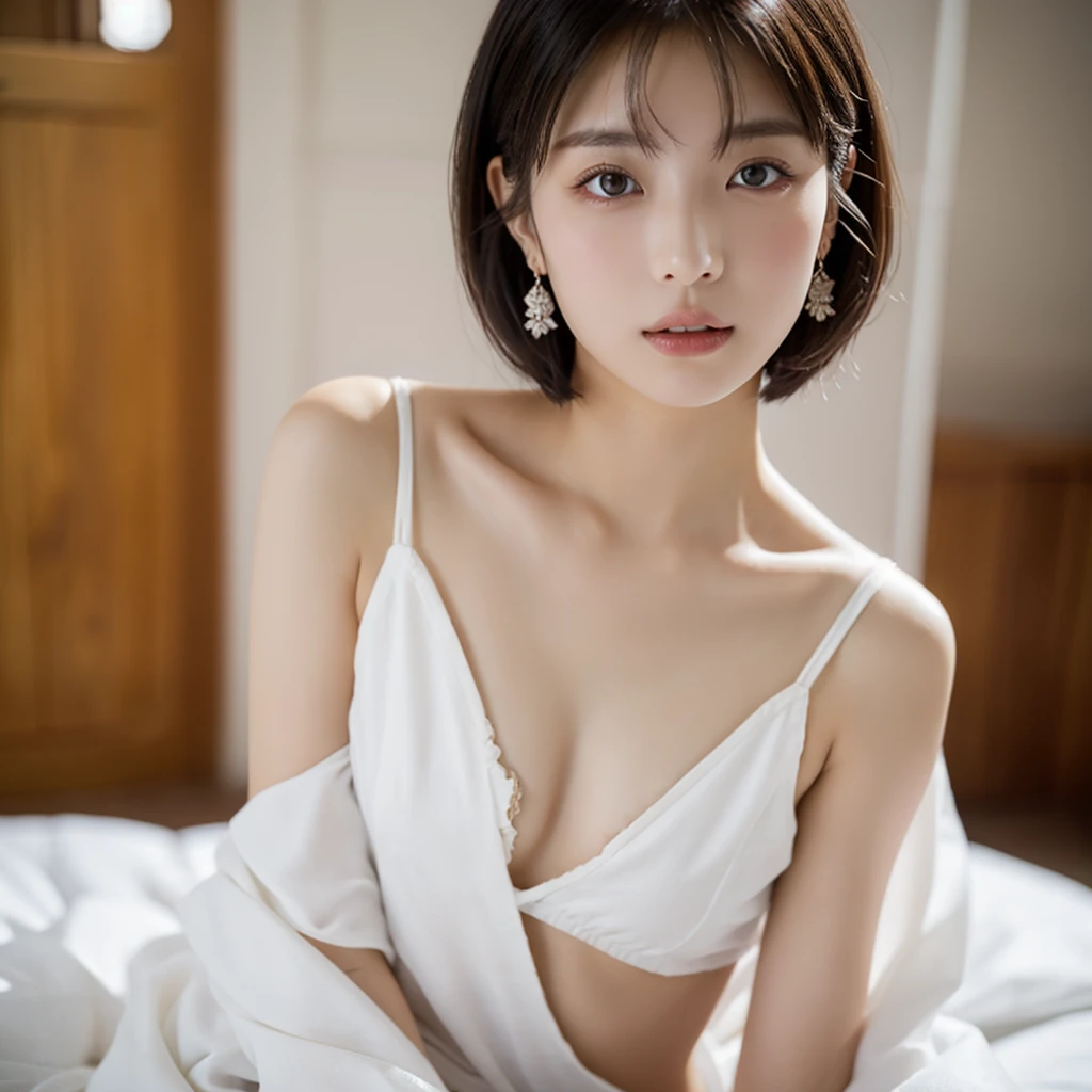 There was a woman sitting on the sofa with the remote in hand., sie boob, Wear a white coat., in white clothes, 🤤 Girl Portrait, 1 8 yo, Soft outline, Side milk, shikamimi, from 8 K Matte, Low cut top, asian girl, 3/4 breasts, thick neck, Bralett