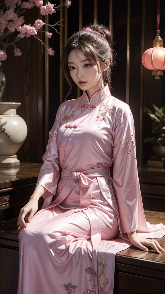One person, Gaze, female feng shui master, A pink Chinese-style robe with silver embroidery, The background is an aura with a pale pink base,mysterious,