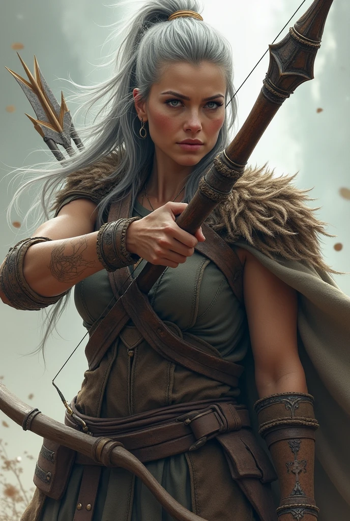 One with gray hair, Light gray eyes , skin fair, that she has a tattoo of roots on her wrist, that she is wearing warrior clothes and holding a bow and arrow, one