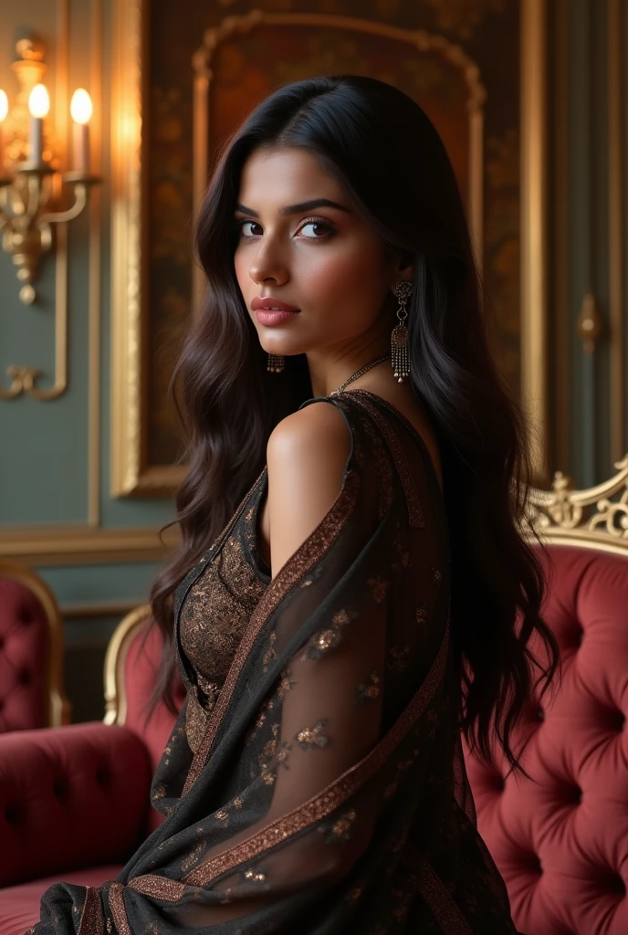 A brunette girl with straight hair indian and big breasts dressed well,background with a good rich interior ,hyper realistic photo