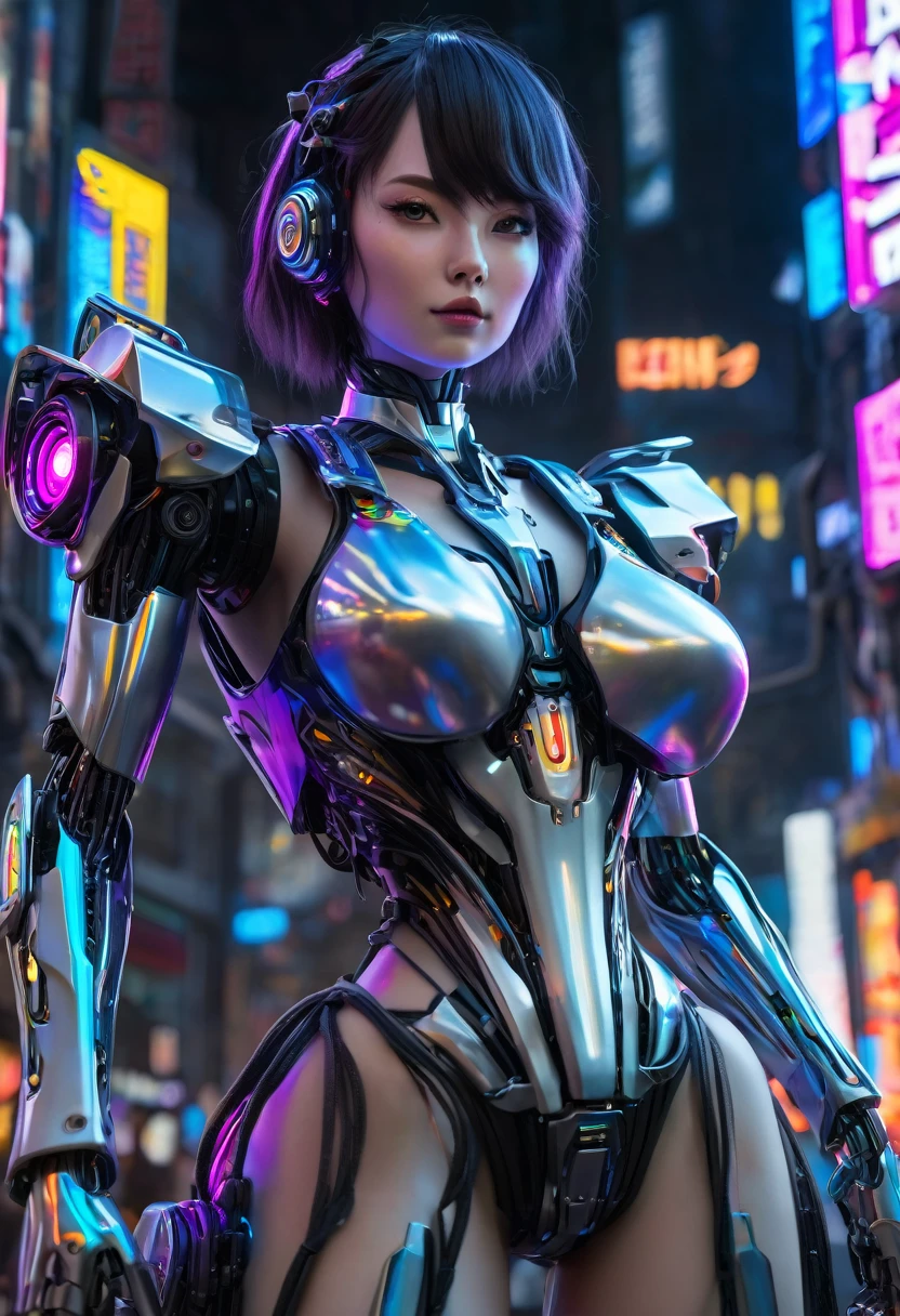 ((masterpiece, The best quality)), illustration, 8K ultra-detailed, realist, sharp focus, Highly detailed, Pro Lighting, Colorful details, Rainbow color break, Super Long Lens Factory, large mechanical robot structure, microchip, computer, luminescence, intricate details, shitu-mecha, 1girl, Use wick, belly button, color image, glow, (cyberpunk),walking in the city