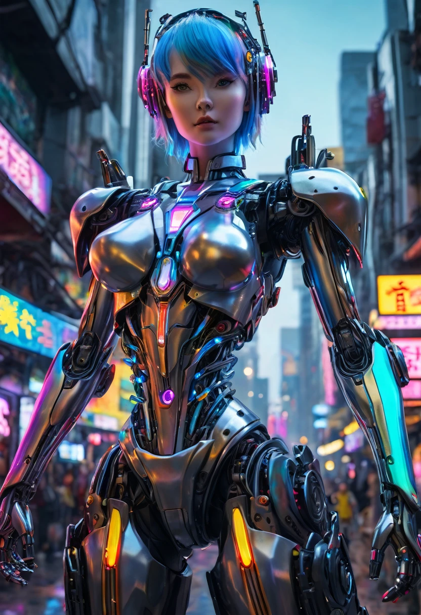 ((masterpiece, The best quality)), illustration, 8K ultra-detailed, realist, sharp focus, Highly detailed, Pro Lighting, Colorful details, Rainbow color break, Super Long Lens Factory, large mechanical robot structure, microchip, computer, luminescence, intricate details, shitu-mecha, 1girl, Use wick, belly button, color image, glow, (cyberpunk),walking in the city