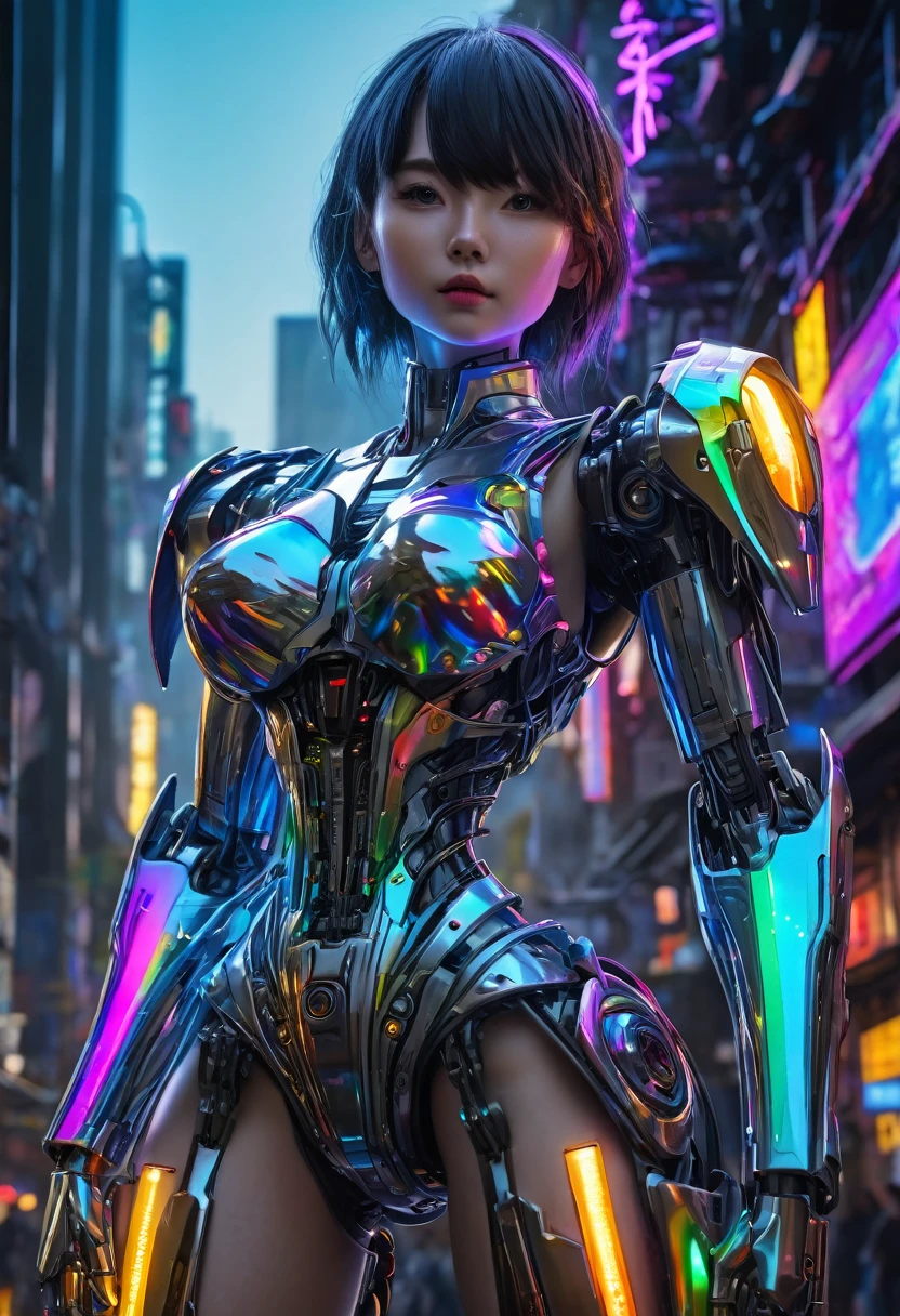 ((masterpiece, The best quality)), illustration, 8K ultra-detailed, realist, sharp focus, Highly detailed, Pro Lighting, Colorful details, Rainbow color break, Super Long Lens Factory, large mechanical robot structure, microchip, computer, luminescence, intricate details, shitu-mecha, 1girl, Use wick, belly button, color image, glow, (cyberpunk),walking in the city