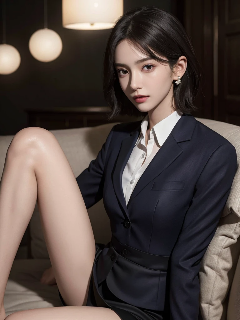 absurdres, RAW photo, extremely delicate and beautiful, masterpiece, Best Quality, ultra high resolution, 32k, hyper realistic, ultra-detailed, Very detailed CG 8k wallpaper, detailed background, landscape, Beautiful Lighting, Perfect Lightning, Realistic Shadows, perfect anatomy, anatomically correct, ideal ratio body proportions, perfect figure, Perfect Style, Perfect balance, super Detailed skin, in her 30s, very Slim body, narrow waist, very small head, very small face, delicate facial features, handsome detailed woman, very detailed eyes and face, realistic face proportions, Realistic beautiful face, Realistic beautiful eyes, tearful mole, earring, very huge round tits, medium short hair, asymmetrical hair, wavy hair, indoor, jacket blazer, pencil skirt, collared dress shirt, bare legs,