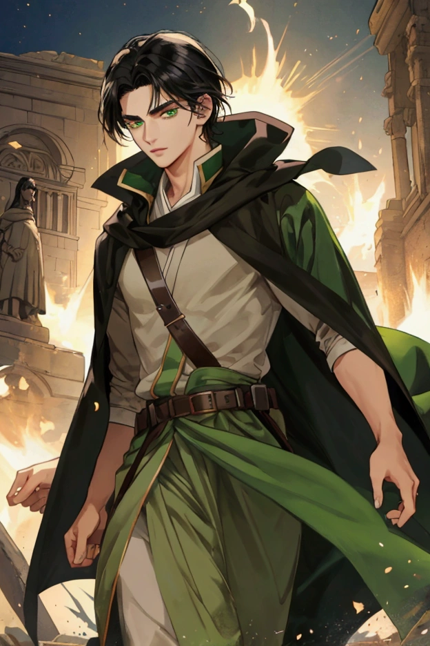 Olive skin, medium length black hair, young man, good looking, Nobleman, green eyes, Antiquity, on a battlefield, mage, anime style
