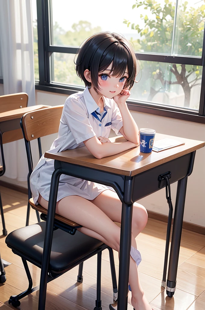 , A lot of semen, TBDICK, classroom, classroom desk, classroom chairs, school desk, school chair, During class, ((Penis on the table:1.2, tabletop penis:1.2, tabletop phallus:1.2)), desk and chair set, A set of school desk and school chair, toddler, body shape, ,, flat breast, body shape,pixie cut,, A lot of semen